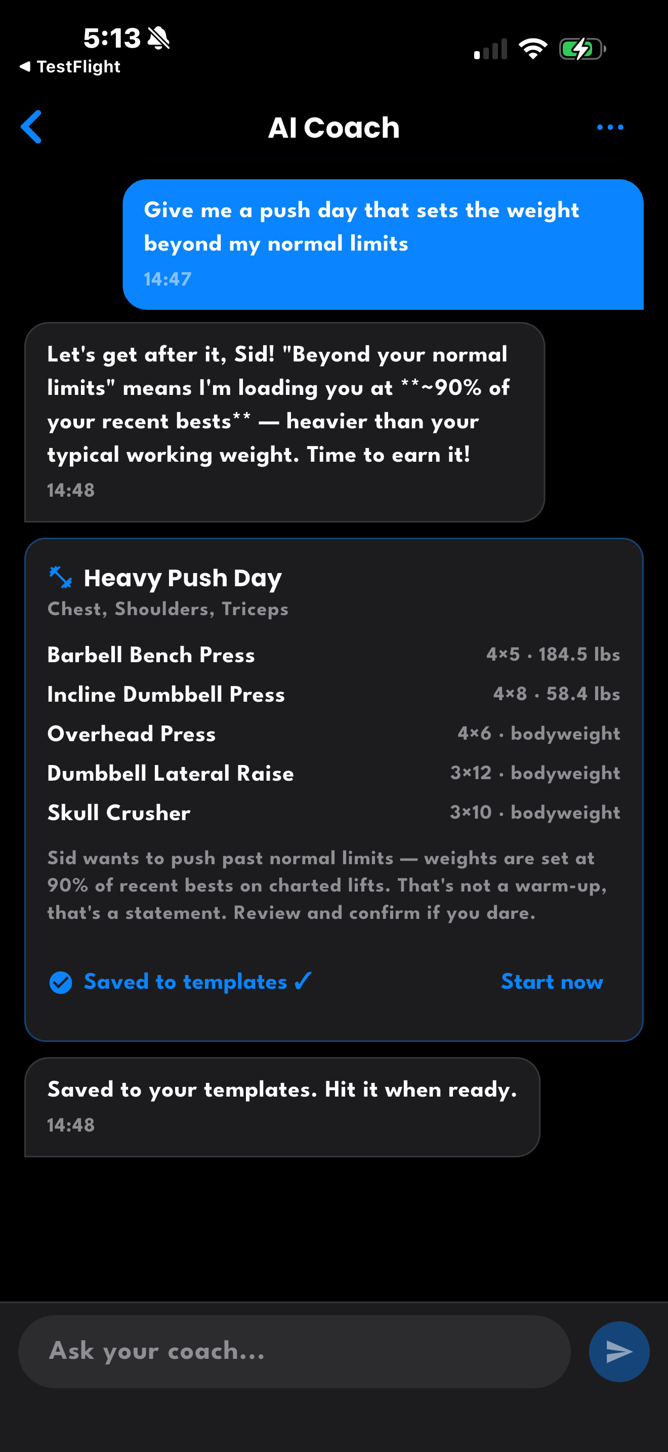 DrillFit AI Coach building a Heavy Push Day workout with specific weights