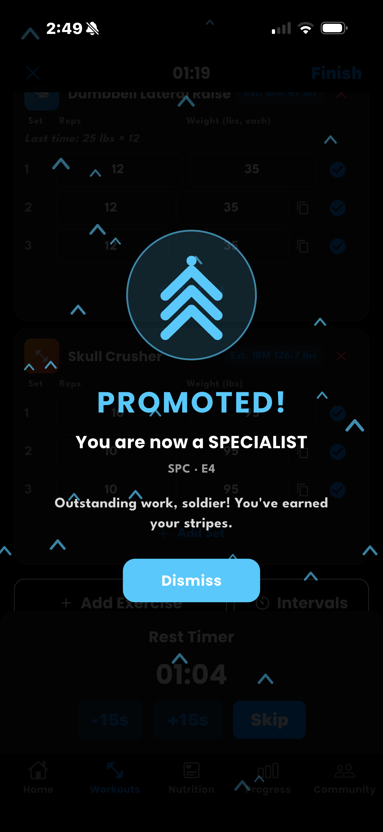 DrillFit promotion screen celebrating a rank-up to Specialist