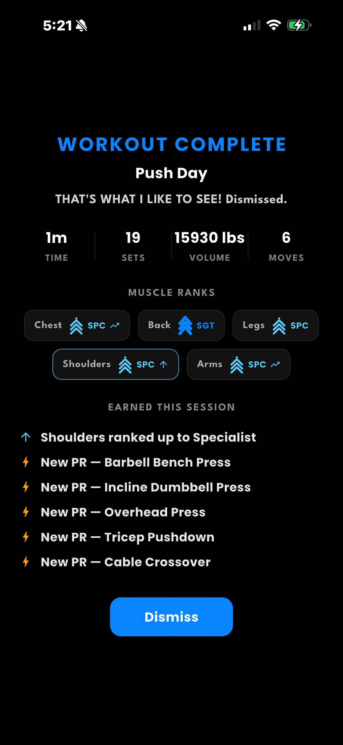 DrillFit workout-complete screen showing rank-ups and new personal records earned